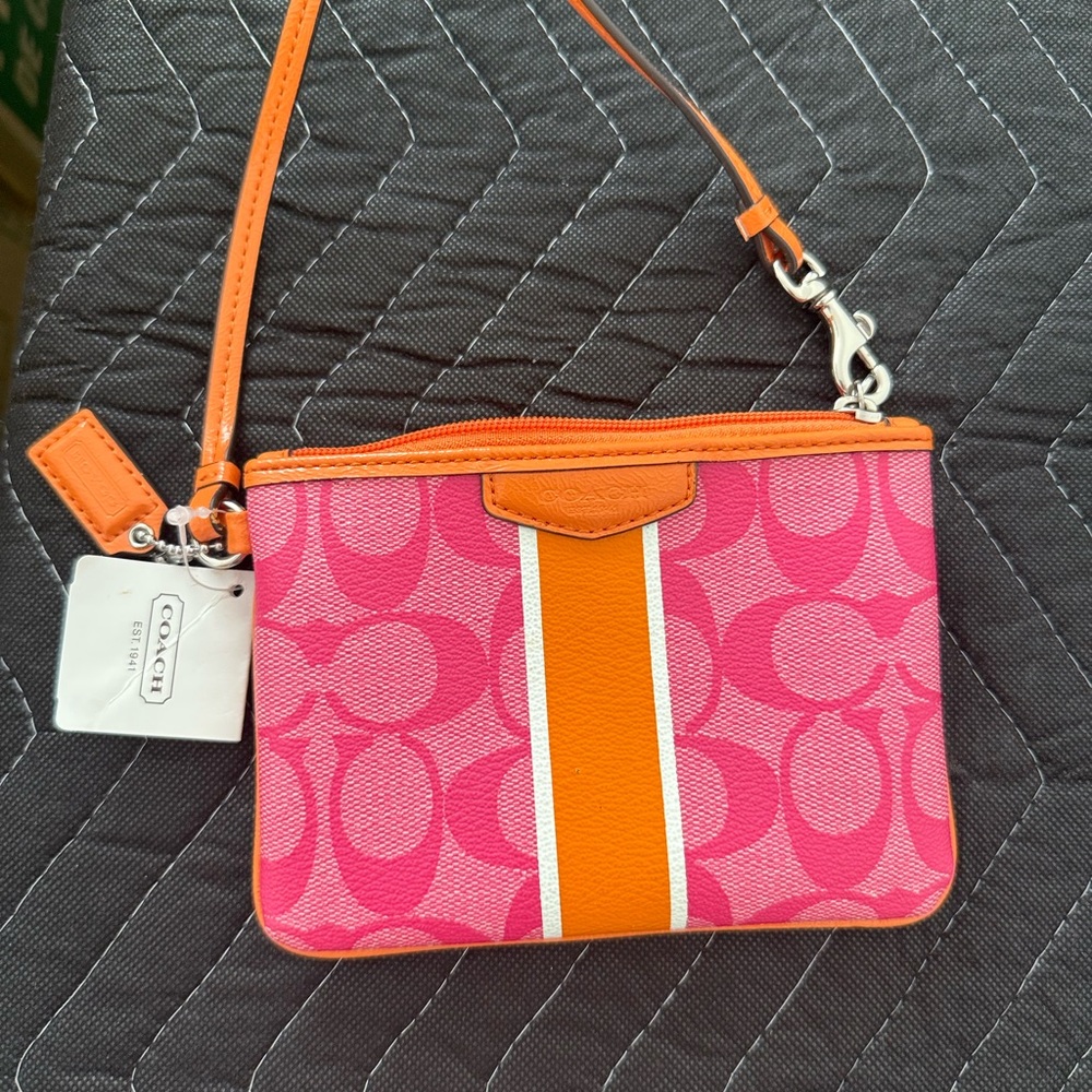NWT Pink and Orange Authentic Coach Wristlet with Signature Stripe and Hang Tag